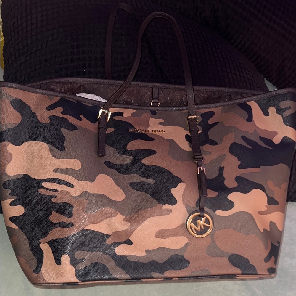 Michael Kors Camouflage Tote in Brown & Black with Gold Hardware